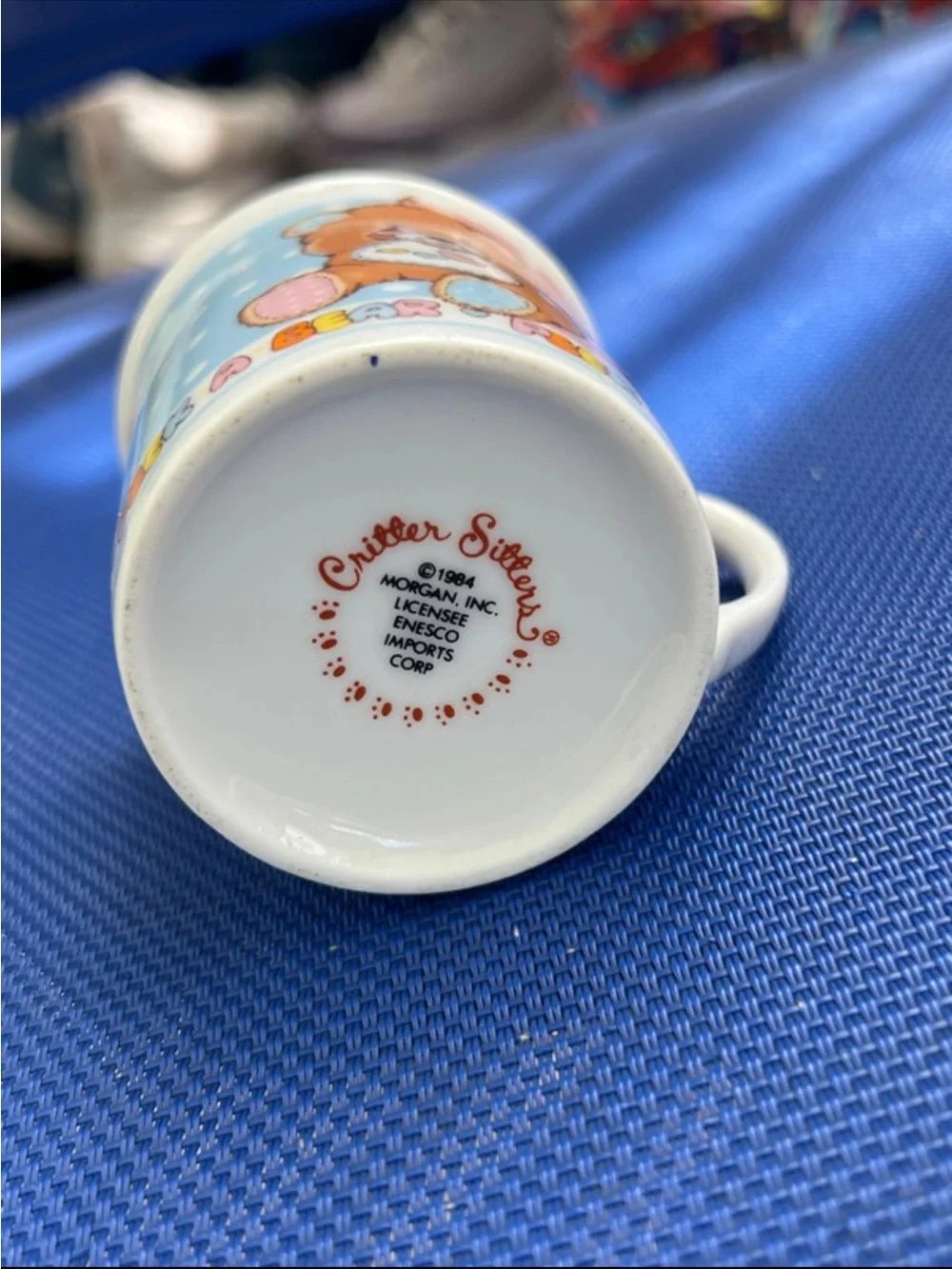 Enesco Brown Bear Ceramic Cup with Blue and Pink Panels vintage